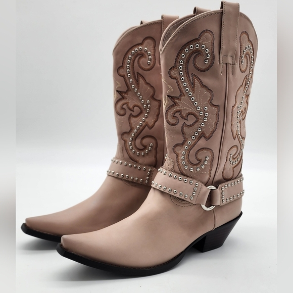 Jeffrey Campbell Shoes - JEFFREY CAMPBELL The Kid Western Studded Beige Block Heel Snip Toe Boot Size 9.5